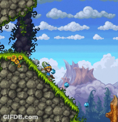 A Pixel Art Drawing Of A Person Standing On A Rocky Hillside GIF