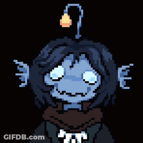 A Pixel Art Drawing Of A Person With A Light On Their Head And A Scarf Around Their Neck GIF