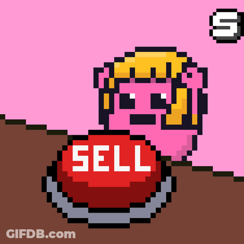 A Pixel Art Drawing Of A Piggy Pressing A Red Sell Button GIF