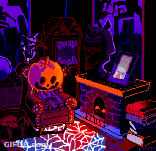 A Pixel Art Drawing Of A Pumpkin Sitting In A Chair Next To A Fireplace GIF