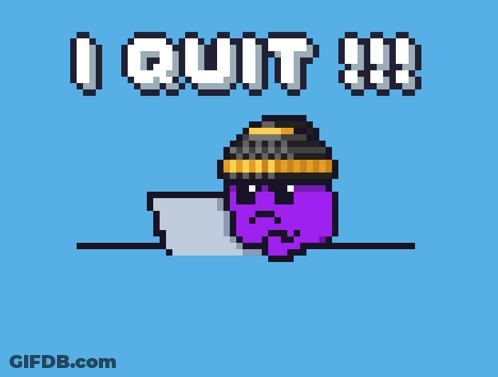 A Pixel Art Drawing Of A Purple Bird With The Words Quit Written Above It GIF