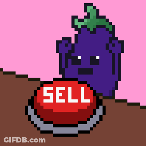 A Pixel Art Drawing Of A Purple Eggplant Next To A Red Button That Says Sell GIF