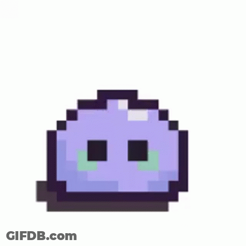 A Pixel Art Drawing Of A Purple Ghost With Black Eyes And A Shadow On A White Background . GIF