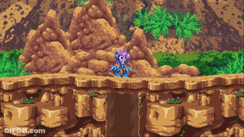 A Pixel Art Drawing Of A Purple Robot Standing On A Rocky Cliff GIF