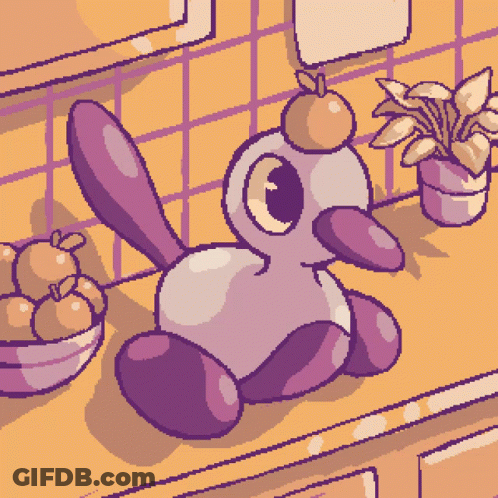 A Pixel Art Drawing Of A Purple Stuffed Animal On A Counter GIF