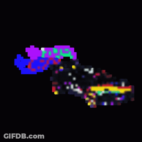 A Pixel Art Drawing Of A Rainbow Colored Squid On A Black Background GIF