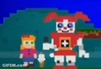 A Pixel Art Drawing Of A Robot And A Girl Standing Next To Each Other . GIF
