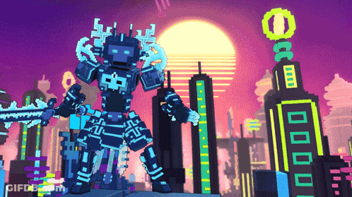 A Pixel Art Drawing Of A Robot Holding A Sword In Front Of A City GIF
