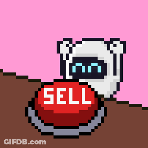A Pixel Art Drawing Of A Robot Pressing A Red Sell Button GIF