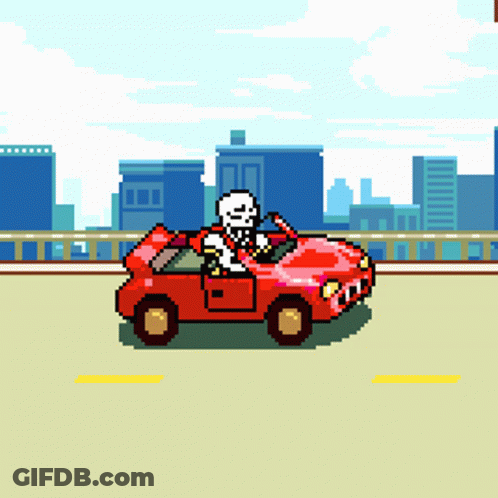 A Pixel Art Drawing Of A Skeleton In A Red Car GIF