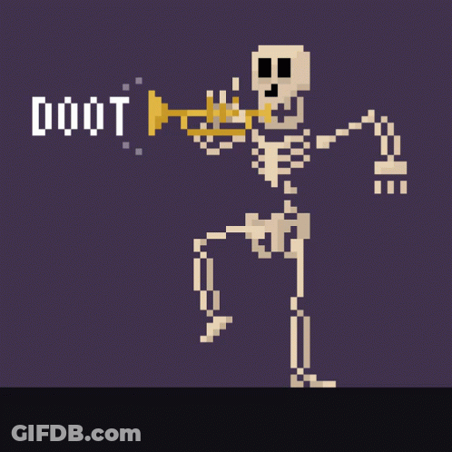 A Pixel Art Drawing Of A Skeleton Playing A Trumpet With The Word Doot Written On It GIF