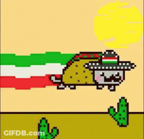 A Pixel Art Drawing Of A Taco Wearing A Sombrero Flying Through The Air . GIF