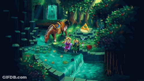 A Pixel Art Drawing Of A Waterfall With A Triangle In The Background GIF