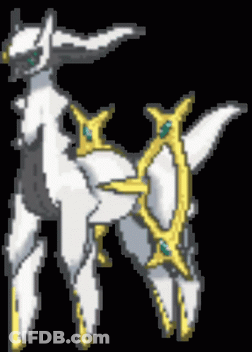 A Pixel Art Drawing Of A White And Gold Pokemon With A Black Background GIF