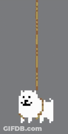 A Pixel Art Drawing Of A White Dog Hanging From A Rope GIF