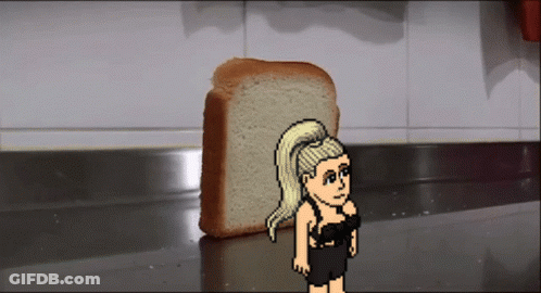 A Pixel Art Drawing Of A Woman Standing Next To A Loaf Of Bread GIF