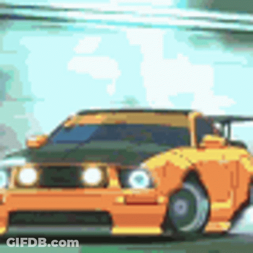 A Pixel Art Drawing Of A Yellow Car Driving Down A Road . GIF