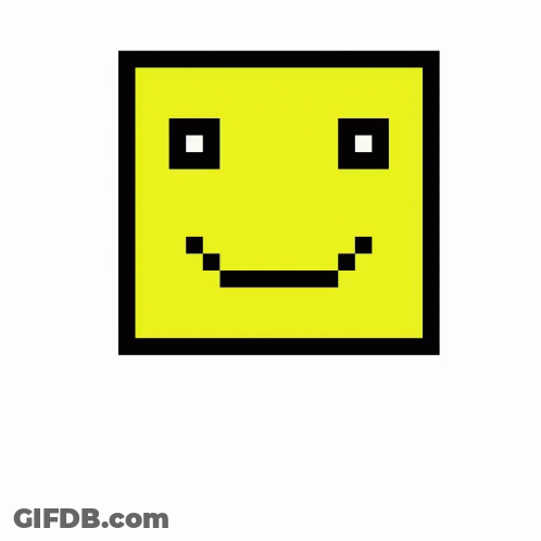 A Pixel Art Drawing Of A Yellow Square Smiley Face With Black Squares Around It . GIF