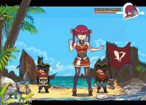 A Pixel Art Drawing Of Houshou Marin Standing On The Beach GIF