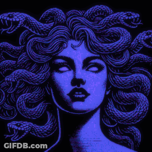A Pixel Art Drawing Of Medusa With Snakes In Her Hair GIF