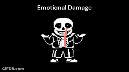 A Pixel Art Drawing Of Sans From Undertale With The Words `` Emotional Damage '' Written Above Him . GIF