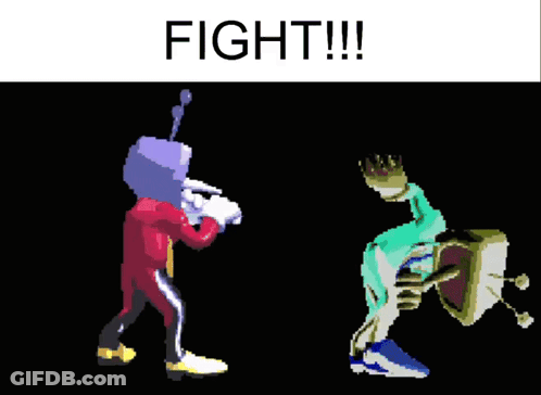 A Pixel Art Drawing Of Two Cartoon Characters With The Words Fight !!! Above Them GIF