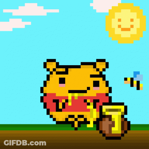 A Pixel Art Drawing Of Winnie The Pooh With A Jar Of Honey GIF
