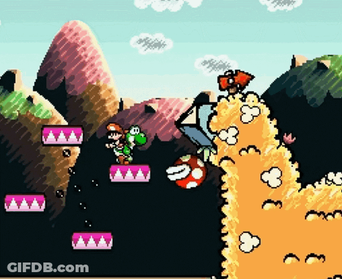 A Pixel Art Drawing Of Yoshi And Mario In A Game GIF
