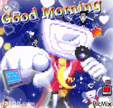 A Pixel Art Greeting Card That Says Good Morning On It GIF