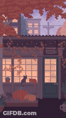 A Pixel Art Illustration Of A Cafe With Two Cats Sitting Outside GIF