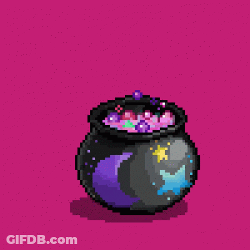 A Pixel Art Illustration Of A Cauldron With A Crescent Moon And Star On It GIF