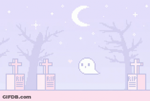 A Pixel Art Illustration Of A Cemetery With A Ghost And Trees GIF