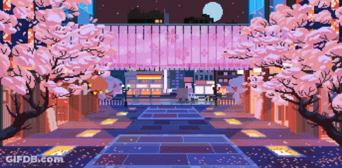 A Pixel Art Illustration Of A City At Night With Cherry Blossom Trees GIF