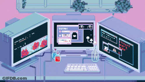 A Pixel Art Illustration Of A Computer With The Word Wiki On The Screen GIF