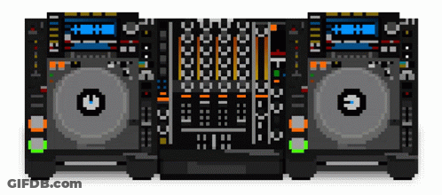 A Pixel Art Illustration Of A Dj Mixer And Two Cd Players GIF
