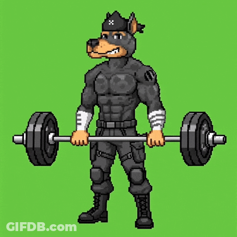A Pixel Art Illustration Of A Dog Lifting A Barbell Over Its Head . GIF