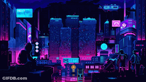 A Pixel Art Illustration Of A Futuristic City With A Sign That Says Next GIF