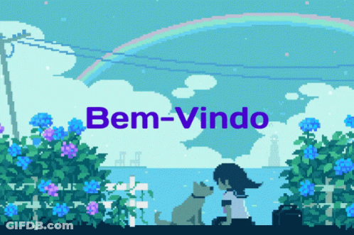 A Pixel Art Illustration Of A Girl And A Dog With The Words Bem-Vindo Above Them GIF
