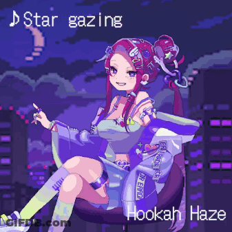 A Pixel Art Illustration Of A Girl Sitting In A Chair With Hookah Haze Written Below Her GIF