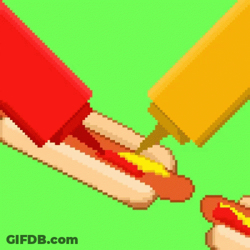 A Pixel Art Illustration Of A Hot Dog With Ketchup And Mustard GIF