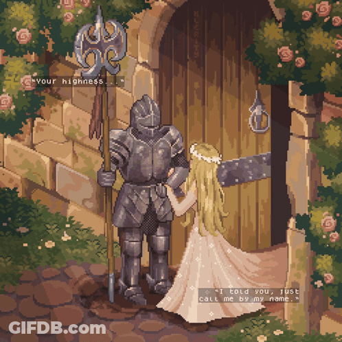 A Pixel Art Illustration Of A Knight And A Princess With The Caption " Your Highness " GIF