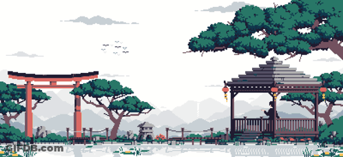 A Pixel Art Illustration Of A Landscape With A Gazebo And A Torii Gate GIF