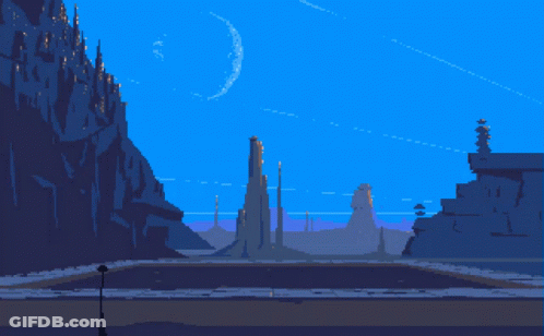 A Pixel Art Illustration Of A Man Standing In Front Of A Castle GIF