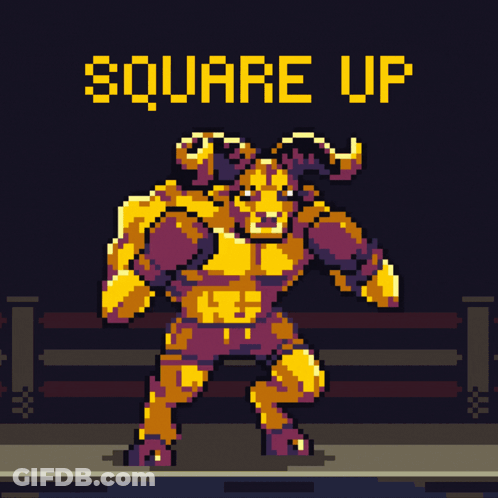 A Pixel Art Illustration Of A Monster With The Words Square Up Above Him GIF