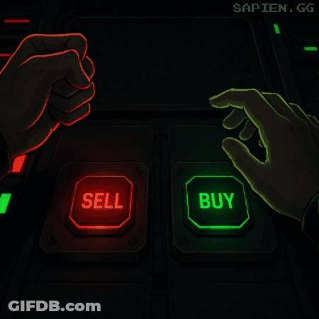 A Pixel Art Illustration Of A Person Pressing A Sell Button And A Buy Button GIF