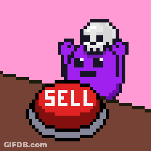 A Pixel Art Illustration Of A Purple Ghost With A Skull And A Red Sell Button GIF