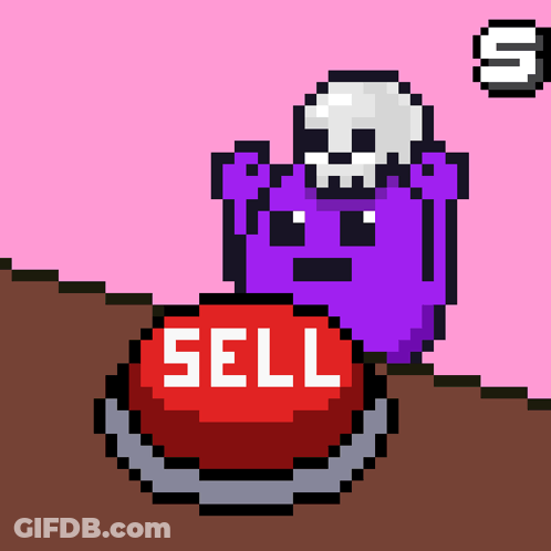A Pixel Art Illustration Of A Purple Monster With A Skull And A Red Sell Button GIF