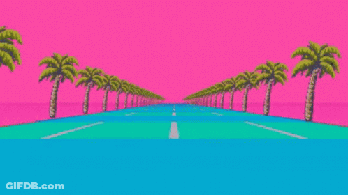 A Pixel Art Illustration Of A Road With Palm Trees On Both Sides . GIF