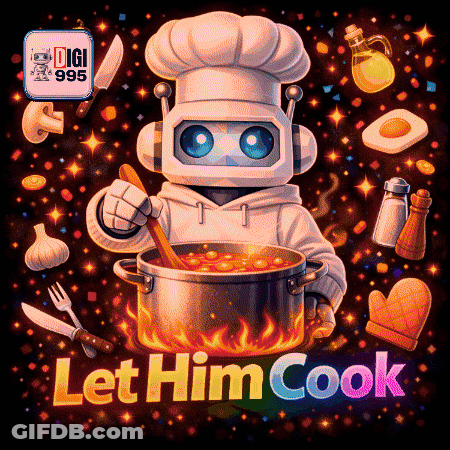 A Pixel Art Illustration Of A Robot Cooking With The Words Let Him Cook Below Him GIF
