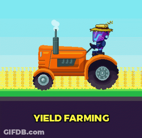 A Pixel Art Illustration Of A Robot Driving A Tractor With The Words Yield Farming Below It GIF